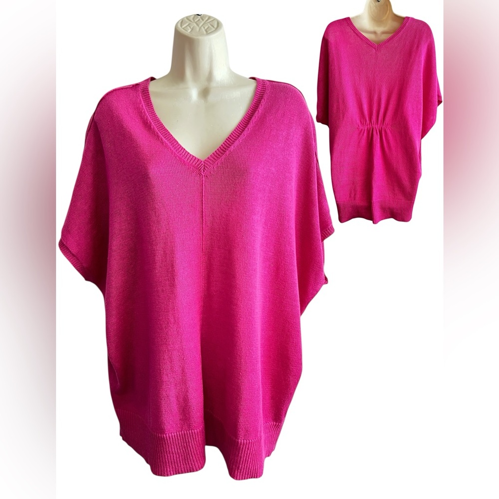 Eileen Fisher S Linen Oversized V neck Top Elastic Back Detail Pink Knit Tunic